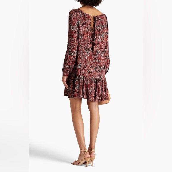 NICHOLAS Devan Gathered Snake-print Crepe Mini Dress In Burgundy - Picture 2 of 11